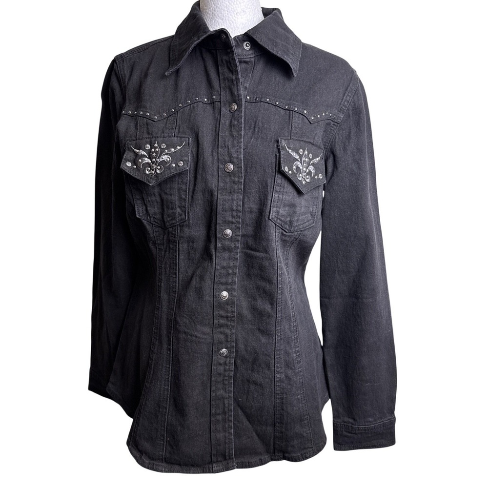 DG2 Diane Gilman Black Denim‎ Western Shirt Fleur De Lis Rhinestone Studded S